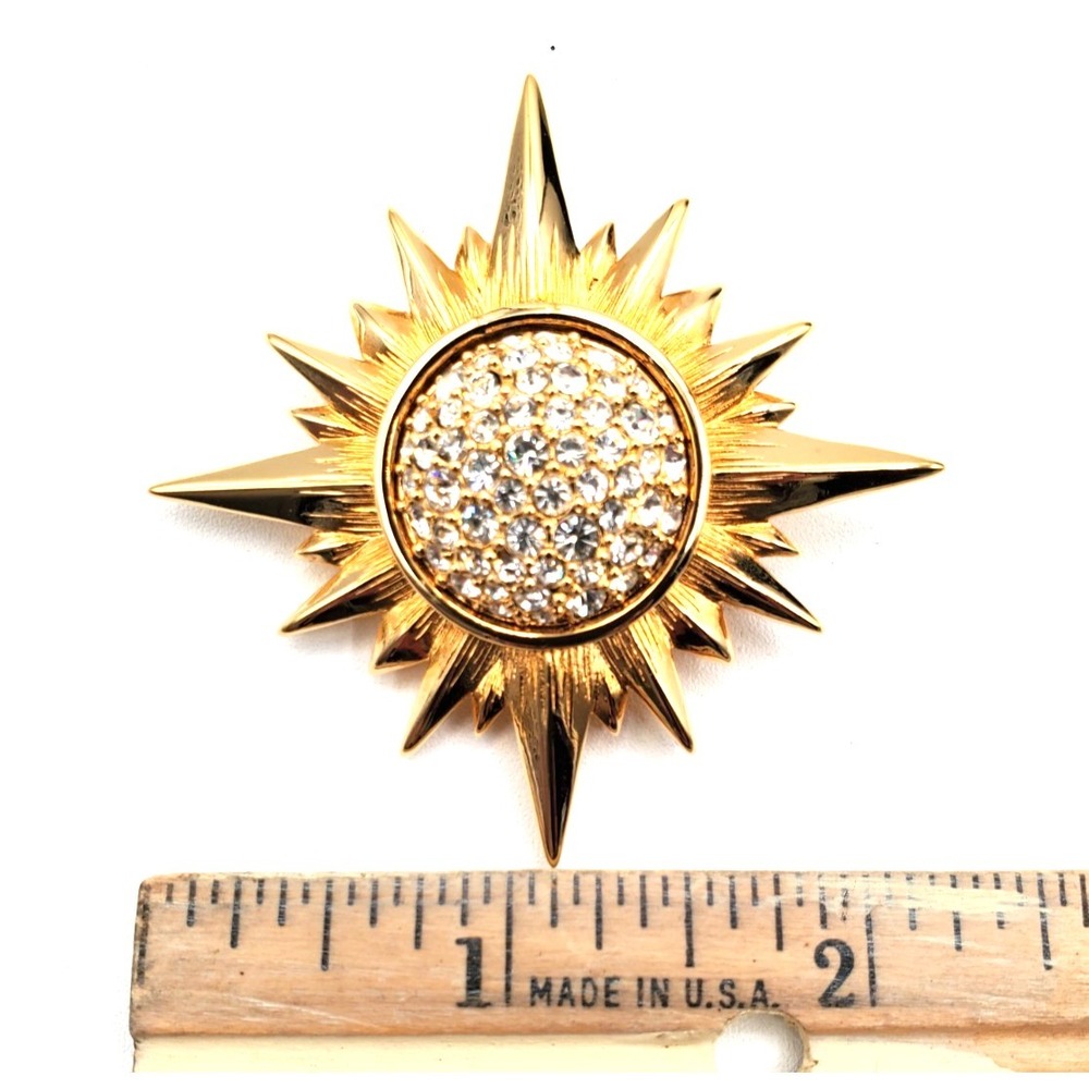 Vintage Swarovski Crystal Star Burst Brooch Pin Gold Tone